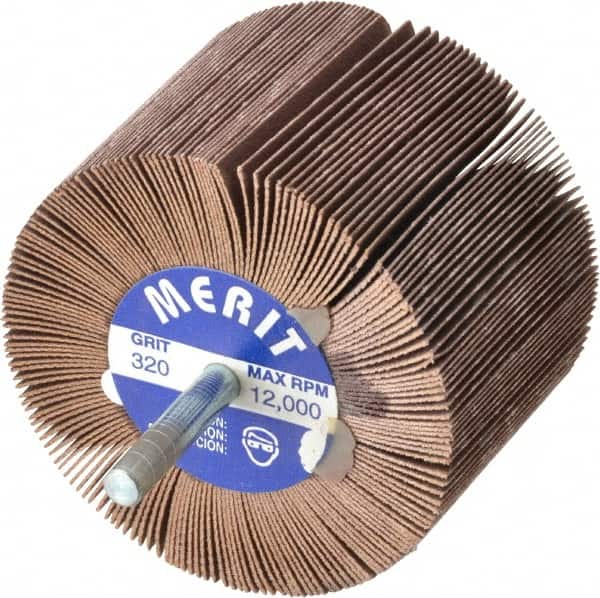 Merit Abrasives - 3" Diam x 2" Face Width, Extra Fine Ceramic Alumina Coated Mounted Flap Wheel - 1/4" Shank Mount, 320 Grit, 20,000 Max RPM - Exact Tooling