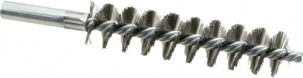 Schaefer Brush - 4" Brush Length, 15/16" Diam, Double Stem, Single Spiral Tube Brush - 6-1/4" Long, Stainless Steel, 12-24 Female Connection - Exact Tooling