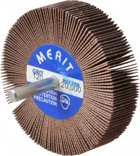 Merit Abrasives - 3" Diam x 3/4" Face Width, Fine Ceramic Alumina Coated Mounted Flap Wheel - 1/4" Shank Mount, 120 Grit, 20,000 Max RPM - Exact Tooling