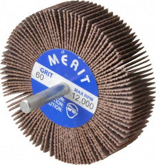 Merit Abrasives - 3" Diam x 3/4" Face Width, Medium Ceramic Alumina Coated Mounted Flap Wheel - 1/4" Shank Mount, 60 Grit, Cloth Backing, 20,000 Max RPM - Exact Tooling