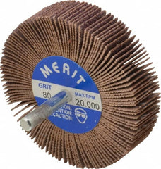 Merit Abrasives - 3" Diam x 3/4" Face Width, Medium Ceramic Alumina Coated Mounted Flap Wheel - 1/4" Shank Mount, 80 Grit, Cloth Backing, 20,000 Max RPM - Exact Tooling