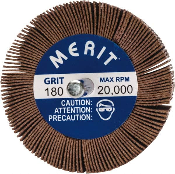 Merit Abrasives - 2-1/2" Diam x 1-1/2" Face Width, Very Fine Ceramic Alumina Coated Mounted Flap Wheel - 1/4" Shank Mount, 180 Grit, 20,000 Max RPM - Exact Tooling