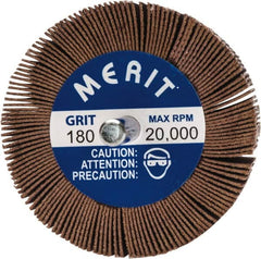 Merit Abrasives - 2-1/2" Diam x 1-1/2" Face Width, Very Fine Ceramic Alumina Coated Mounted Flap Wheel - 1/4" Shank Mount, 180 Grit, 20,000 Max RPM - Exact Tooling