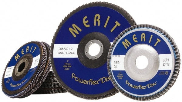 Merit Abrasives - 60 Grit, 5" Disc Diam, 7/8" Center Hole, Type 27 Zirconia Alumina Flap Disc - 12,000 Max RPM, Fiberglass Backing, Arbor Attaching System, Coated - Exact Tooling