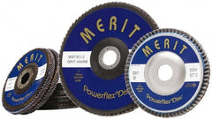 Merit Abrasives - 60 Grit, 5" Disc Diam, 7/8" Center Hole, Type 27 Zirconia Alumina Flap Disc - 12,000 Max RPM, Fiberglass Backing, Arbor Attaching System, Coated - Exact Tooling
