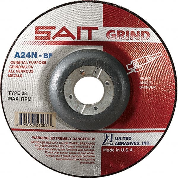 Sait - 24 Grit, 4-1/2" Wheel Diam, 1/4" Wheel Thickness, 7/8" Arbor Hole, Type 28 Depressed Center Wheel - Aluminum Oxide, Resinoid Bond, N Hardness, 13,300 Max RPM, Compatible with Angle Grinder - Exact Tooling