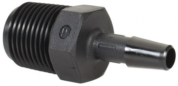 Made in USA - 1/4" Barb, 1/4, Nylon Single Barbed Tube Adapter - Black, Male - Exact Tooling