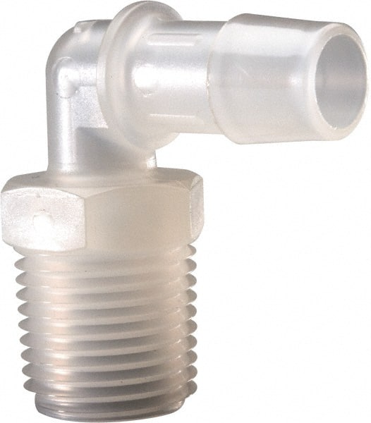 Made in USA - 1/2" Barb, 1/2, Polypropylene Single Barbed Tube Elbow - Natural, Male - Exact Tooling
