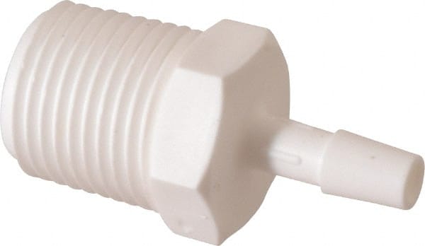 Made in USA - 1/4" Barb, 1/4, Polypropylene Single Barbed Tube Adapter - White, Male - Exact Tooling