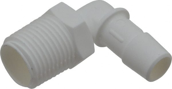 Made in USA - 1/2" Barb, 1/2, Polypropylene Single Barbed Tube Elbow - White, Male - Exact Tooling