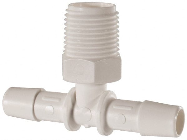 Made in USA - 3/8" Barb, 3/8, Polypropylene Single Barbed Tube Branch Tee - White, Male - Exact Tooling