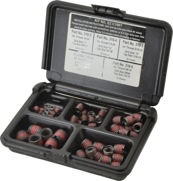 E-Z LOK - 46 Inserts, #10-24 - 1/2-13 Internal Thread, 5/16-18 UNC, Carbon Steel, Thread Repair Kit - Exact Tooling