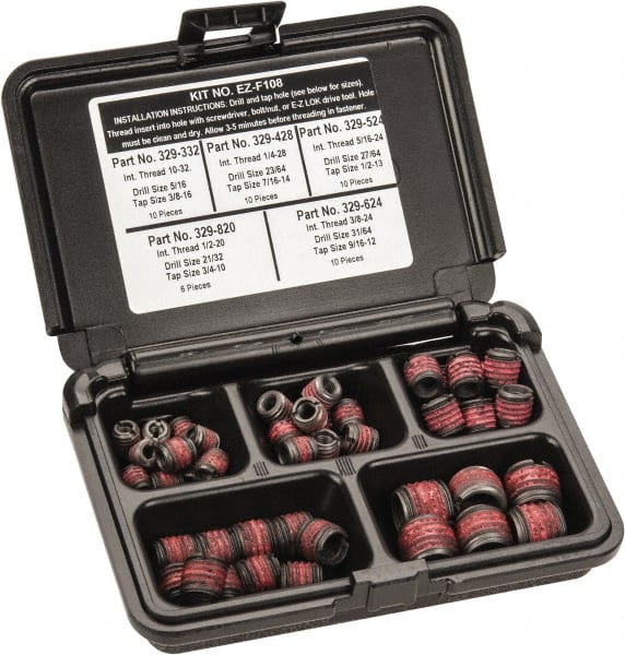 E-Z LOK - 46 Inserts, #10-32 - 1/2-20 Internal Thread, #10 - 1/2 UNC, Carbon Steel, Thread Repair Kit - Exact Tooling