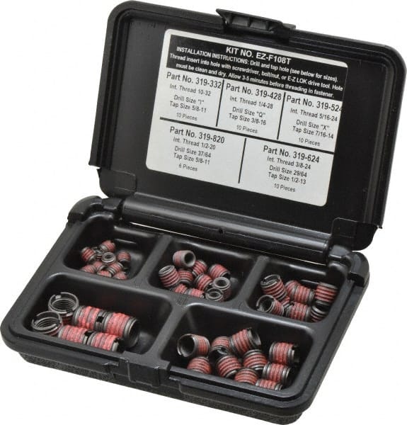 E-Z LOK - 46 Inserts, #10-32 - 1/2-20 Internal Thread, 5/16-24 UNC, Carbon Steel, Thread Repair Kit - Exact Tooling
