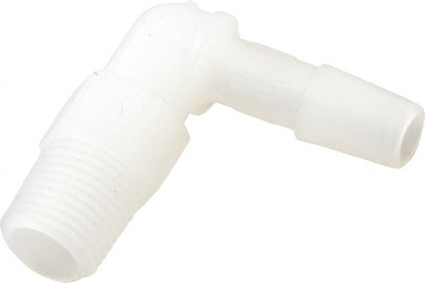Made in USA - 1/4" Barb, 1/4, Kynar Single Barbed Tube Elbow - Natural, Male - Exact Tooling
