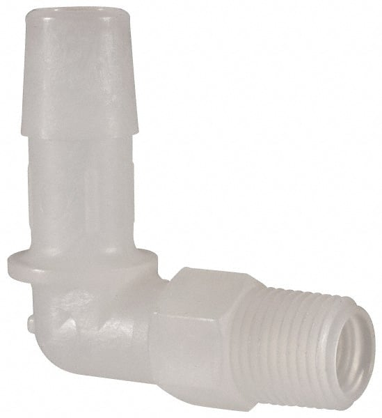 Made in USA - 3/8" Barb, 3/8, Kynar Single Barbed Tube Elbow - Natural, Male - Exact Tooling