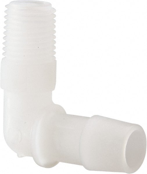 Made in USA - 1/2" Barb, 1/2, Kynar Single Barbed Tube Elbow - Natural, Male - Exact Tooling