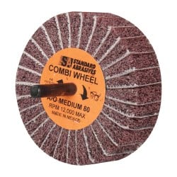 Standard Abrasives - 3" Diam x 1" Face Width, Medium Aluminum Oxide Nonwoven & Coated Mounted Flap Wheel - 1/4" Shank Mount, 80 Grit, 12,000 Max RPM - Exact Tooling