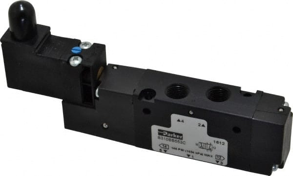 Parker - 1/8", 4-Way Body Ported Stacking Solenoid Valve - 120 VAC, 0.75 CV Rate, Air Return, 2.14" High x 4.67" Long - Exact Tooling