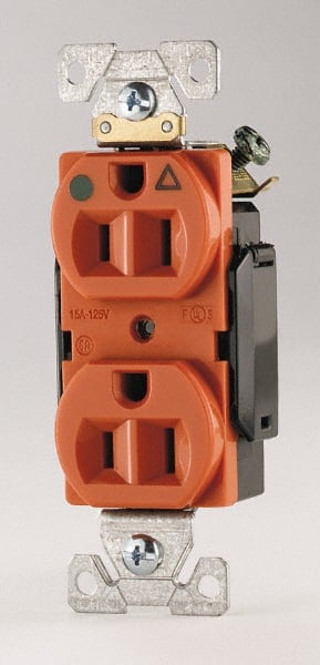 Cooper Wiring Devices - 125 VAC, 15 Amp, 5-15R NEMA Configuration, Orange, Hospital Grade, Isolated Ground Duplex Receptacle - 1 Phase, 2 Poles, 3 Wire, Flush Mount, Chemical, Heat and Impact Resistant - Exact Tooling