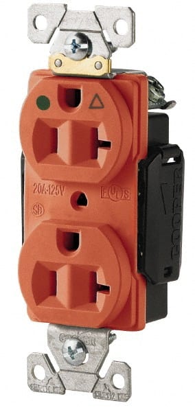 Cooper Wiring Devices - 125 VAC, 20 Amp, 5-20R NEMA Configuration, Orange, Hospital Grade, Isolated Ground Duplex Receptacle - 1 Phase, 2 Poles, 3 Wire, Flush Mount, Chemical, Heat and Impact Resistant - Exact Tooling