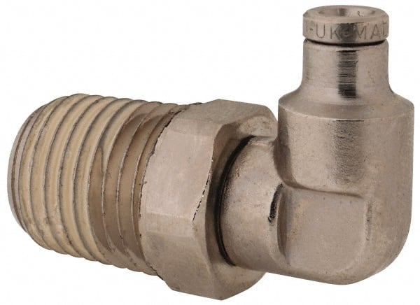 Norgren - 1/4 NPTF, Nickel Plated Brass Push-to-Connect Tube Male Swivel Elbow - 260 Max psi, Tube to Male NPT Connection - Exact Tooling