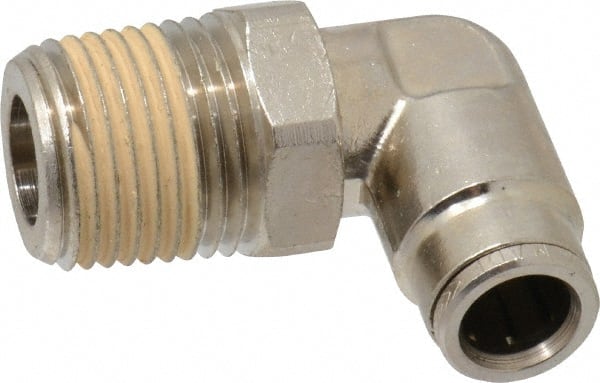 Norgren - 1/2 NPTF, Nickel Plated Brass Push-to-Connect Tube Male Swivel Elbow - 260 Max psi, Tube to Male NPT Connection - Exact Tooling