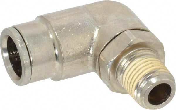 Norgren - 1/4 NPTF, Nickel Plated Brass Push-to-Connect Tube Male Swivel Elbow - 260 Max psi, Tube to Male NPT Connection - Exact Tooling
