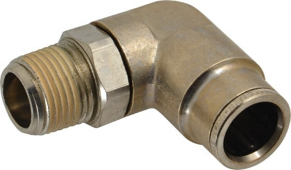 Norgren - 3/8 NPTF, Nickel Plated Brass Push-to-Connect Tube Male Swivel Elbow - 260 Max psi, Tube to Male NPT Connection - Exact Tooling