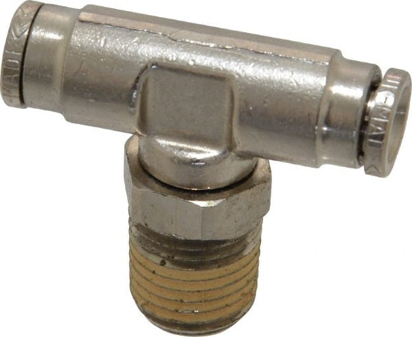 Norgren - 1/4 NPTF, Nickel Plated Brass Push-to-Connect Tube Male Swivel Branch Tee - 260 Max psi, Tube to Male NPT Connection - Exact Tooling