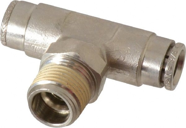 Norgren - 3/8 NPTF, Nickel Plated Brass Push-to-Connect Tube Male Swivel Branch Tee - 260 Max psi, Tube to Male NPT Connection - Exact Tooling