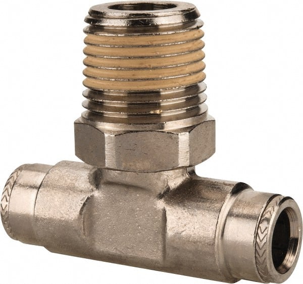 Norgren - 1/2 NPTF, Nickel Plated Brass Push-to-Connect Tube Male Swivel Branch Tee - 260 Max psi, Tube to Male NPT Connection - Exact Tooling