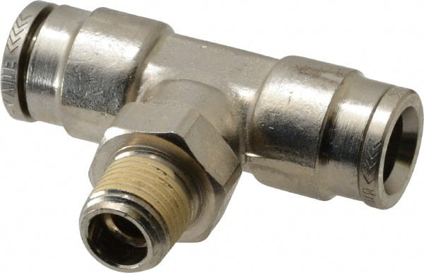 Norgren - 1/8 NPTF, Nickel Plated Brass Push-to-Connect Tube Male Swivel Branch Tee - 260 Max psi, Tube to Male NPT Connection - Exact Tooling