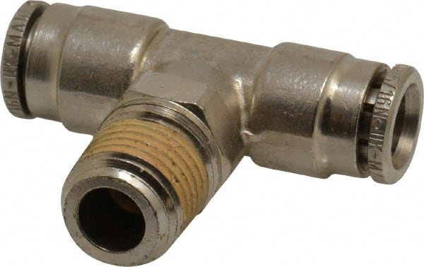 Norgren - 1/4 NPTF, Nickel Plated Brass Push-to-Connect Tube Male Swivel Branch Tee - 260 Max psi, Tube to Male NPT Connection - Exact Tooling