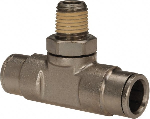 Norgren - 1/4 NPTF, Nickel Plated Brass Push-to-Connect Tube Male Swivel Branch Tee - 260 Max psi, Tube to Male NPT Connection - Exact Tooling