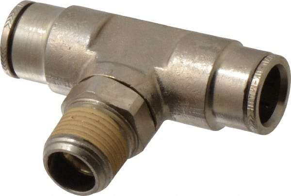 Norgren - 3/8 NPTF, Nickel Plated Brass Push-to-Connect Tube Male Swivel Branch Tee - 260 Max psi, Tube to Male NPT Connection - Exact Tooling