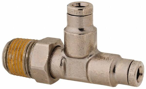 Norgren - 1/8 NPTF, Nickel Plated Brass Push-to-Connect Tube Male Swivel Run Tee - 260 Max psi, Tube to Male NPT Connection - Exact Tooling