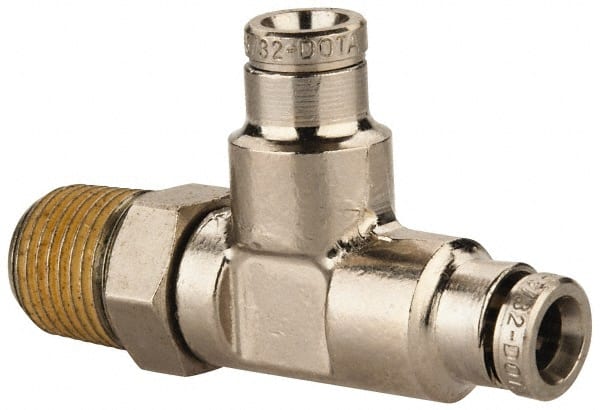 Norgren - 1/8 NPTF, Nickel Plated Brass Push-to-Connect Tube Male Swivel Run Tee - 260 Max psi, Tube to Male NPT Connection - Exact Tooling