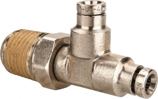 Norgren - 1/4 NPTF, Nickel Plated Brass Push-to-Connect Tube Male Swivel Run Tee - 260 Max psi, Tube to Male NPT Connection - Exact Tooling