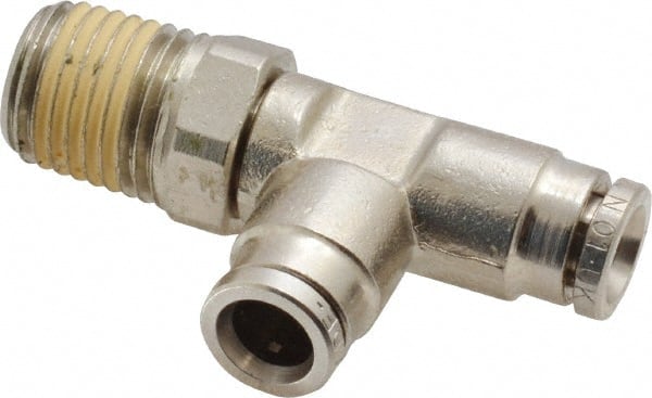 Norgren - 1/4 NPTF, Nickel Plated Brass Push-to-Connect Tube Male Swivel Run Tee - 260 Max psi, Tube to Male NPT Connection - Exact Tooling
