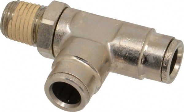 Norgren - 1/4 NPTF, Nickel Plated Brass Push-to-Connect Tube Male Swivel Run Tee - 260 Max psi, Tube to Male NPT Connection - Exact Tooling