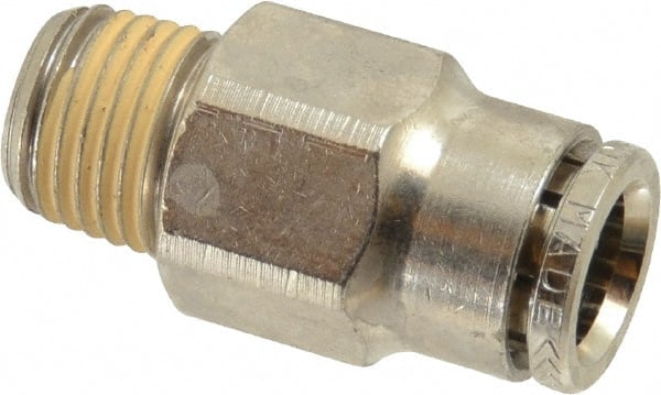 Norgren - 3/8" Outside Diam, 1/4 BSPT, Nickel Plated Brass Push-to-Connect Tube Male Connector - 260 Max psi, Tube to Male Connection - Exact Tooling