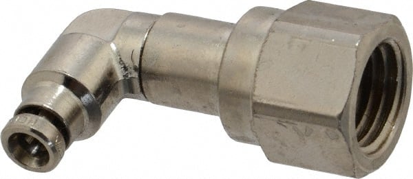 Norgren - 5/32" Outside Diam, 1/4 NPTF, Nickel Plated Brass Push-to-Connect Tube Female Swivel Elbow - 260 Max psi, Tube to Female NPT Connection - Exact Tooling