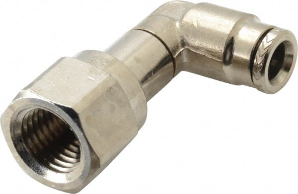 Norgren - 1/4" Outside Diam, 1/4 NPTF, Nickel Plated Brass Push-to-Connect Tube Female Swivel Elbow - 260 Max psi, Tube to Female NPT Connection - Exact Tooling