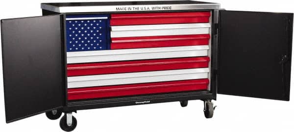 Strong Hold - 3,200 Lb Capacity, 8 Drawer, 2 Door Tool Cart - 60" Wide x 24" Deep x 50" High, Steel, Black/Red/White/Blue - Exact Tooling