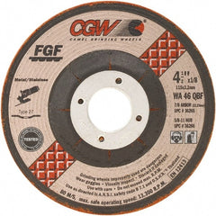 Camel Grinding Wheels - 46 Grit, 4-1/2" Wheel Diam, 1/8" Wheel Thickness, Type 27 Depressed Center Wheel - Medium Grade, Aluminum Oxide, Resinoid Bond, 13,300 Max RPM - Exact Tooling