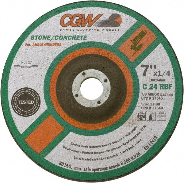 Camel Grinding Wheels - 24 Grit, 9" Wheel Diam, 1/4" Wheel Thickness, 7/8" Arbor Hole, Type 27 Depressed Center Wheel - Coarse Grade, Silicon Carbide, Resinoid Bond, 6,650 Max RPM - Exact Tooling