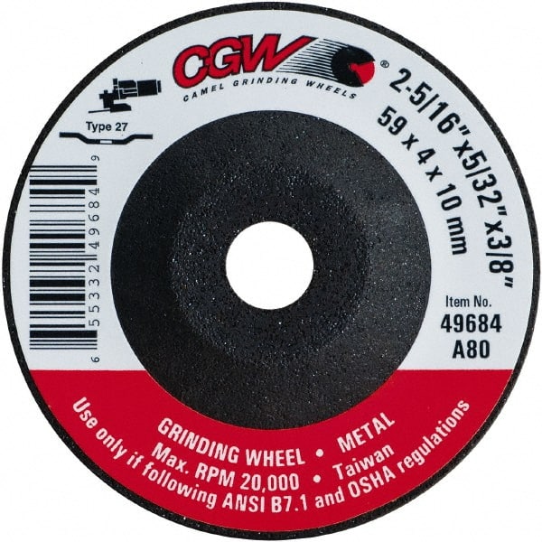 Camel Grinding Wheels - 80 Grit, 2-5/16" Wheel Diam, 5/32" Wheel Thickness, 3/8" Arbor Hole, Type 27 Depressed Center Wheel - Medium Grade, Aluminum Oxide, Resinoid Bond, 20,000 Max RPM - Exact Tooling