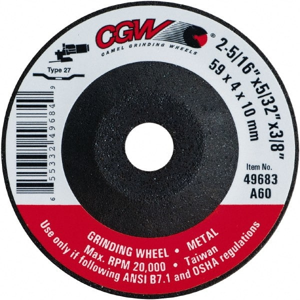 Camel Grinding Wheels - 60 Grit, 2-5/16" Wheel Diam, 5/32" Wheel Thickness, 3/8" Arbor Hole, Type 27 Depressed Center Wheel - Medium Grade, Aluminum Oxide, Resinoid Bond, 20,000 Max RPM - Exact Tooling