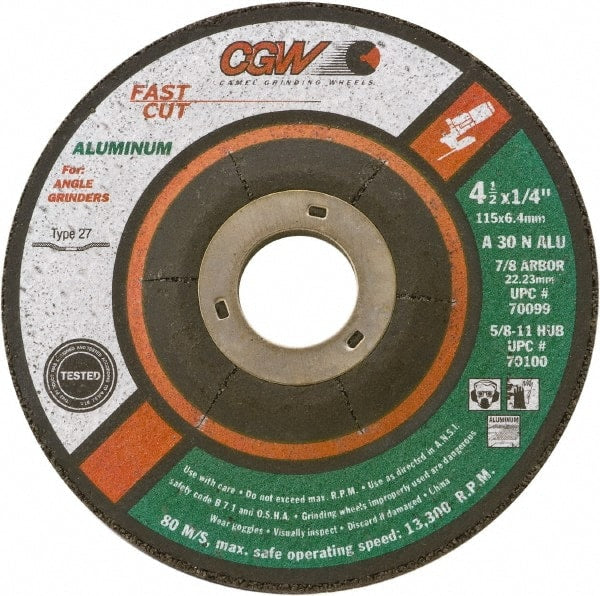 Camel Grinding Wheels - 30 Grit, 5" Wheel Diam, 1/4" Wheel Thickness, 7/8" Arbor Hole, Type 27 Depressed Center Wheel - Medium Grade, Aluminum Oxide, Resinoid Bond, 12,250 Max RPM - Exact Tooling